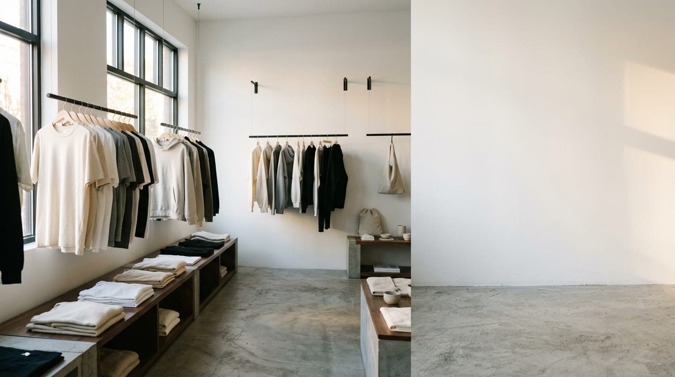 SKYO Clothing boutique interior with folded garments and hanging pieces